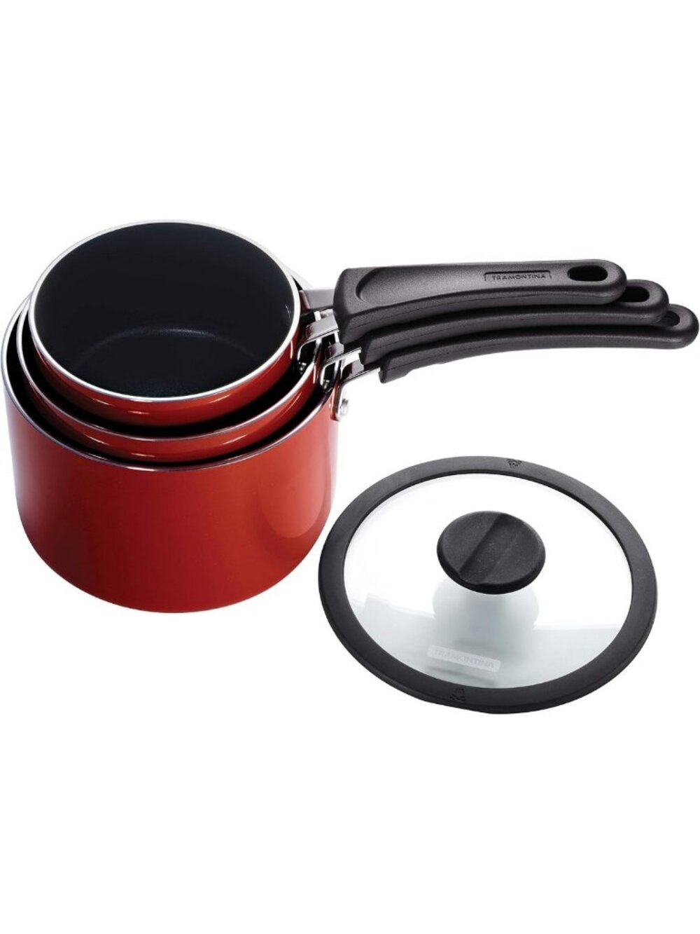 Non-Stick 6-Piece Nesting Saucepan Set with Lids - Red Kitchen Cookware